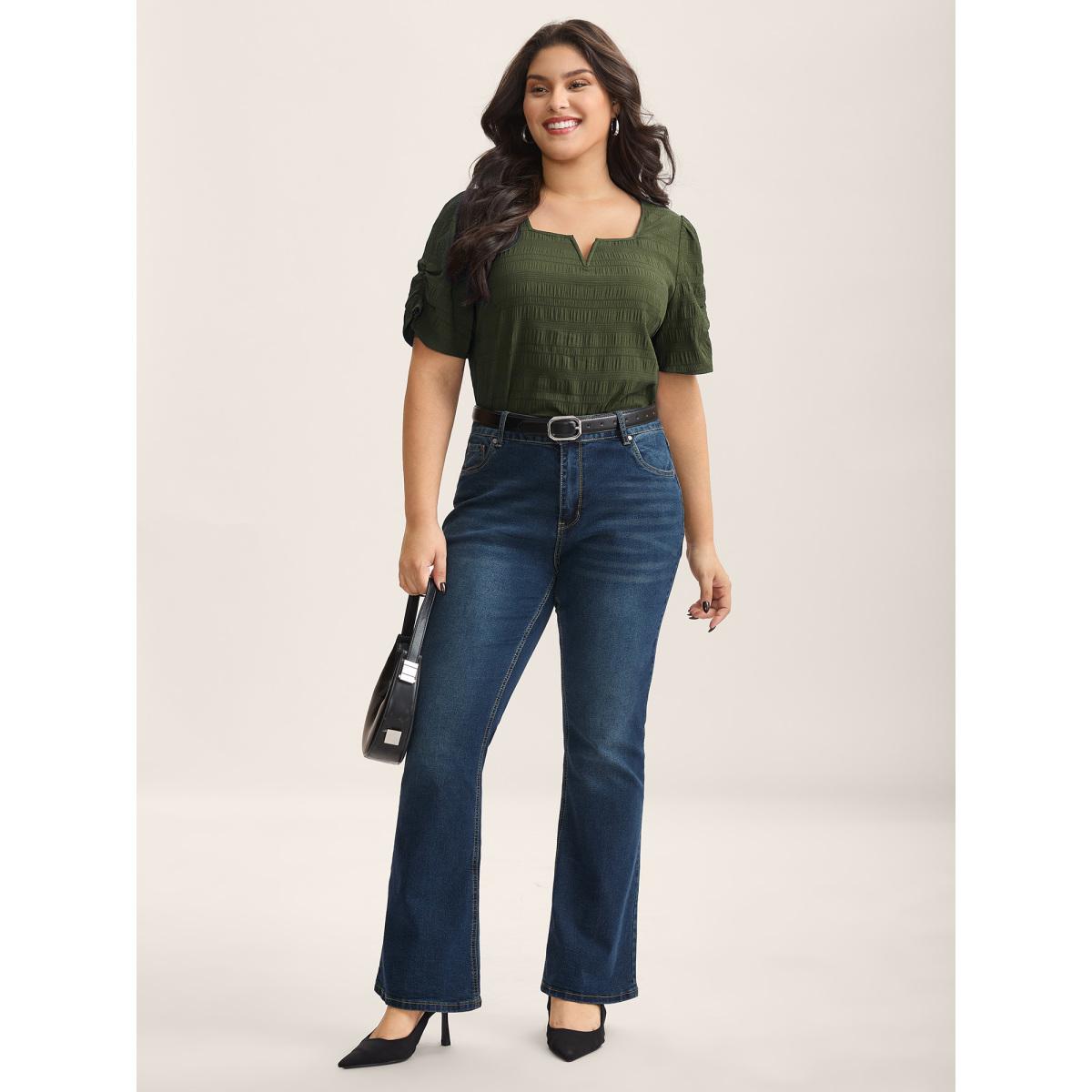 Plus Size ArmyGreen Textured Gathered Sleeve Split Neck Blouse Women Office Short sleeve Asymmetrical Neck Office Blouses BloomChic 10/M Product Image