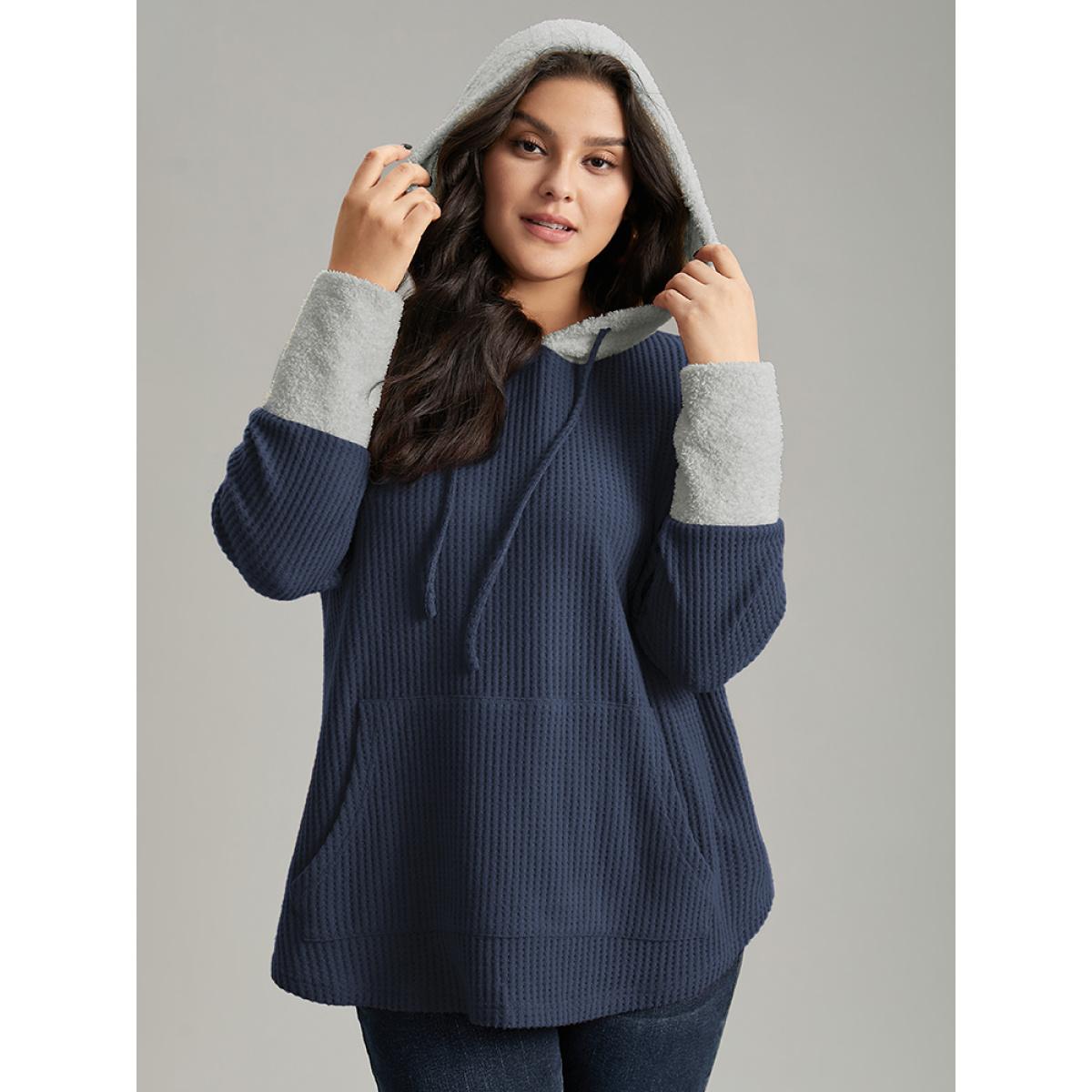 Plus Size Waffle Knit Pocket Hooded Patchwork Sweatshirt Women Navy Casual Waffle Knit Hooded Everyday Sweatshirts BloomChic 12/L Product Image