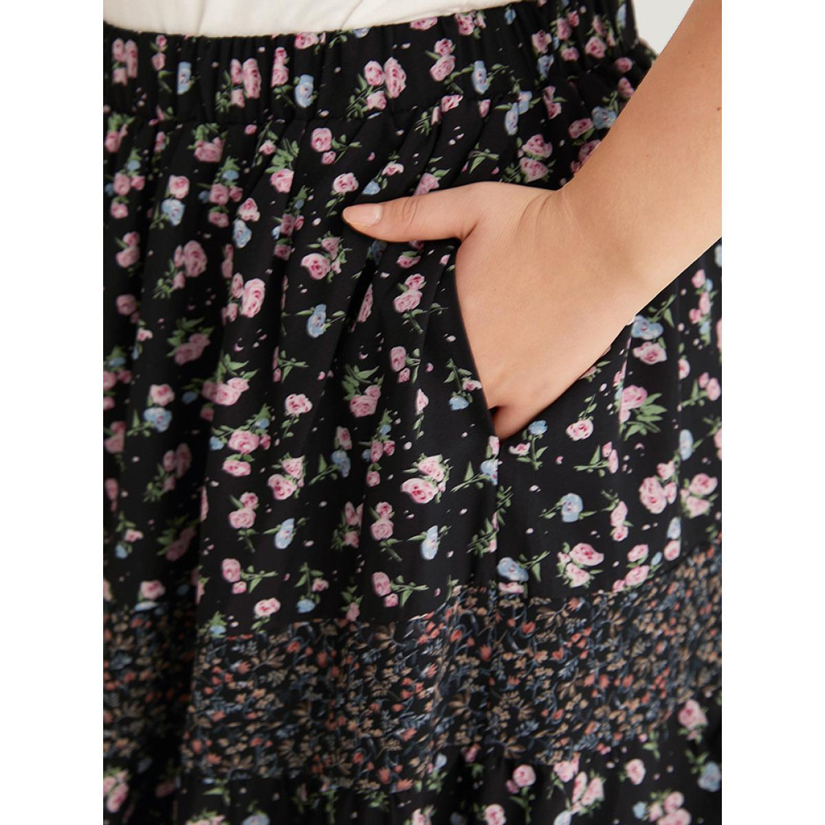 Plus Size Ditsy Floral Patchwork Elastic Waist Skirt Women BlackFlower Elegant Patchwork No stretch Pocket Dailywear Skirts BloomChic 28/5X Product Image