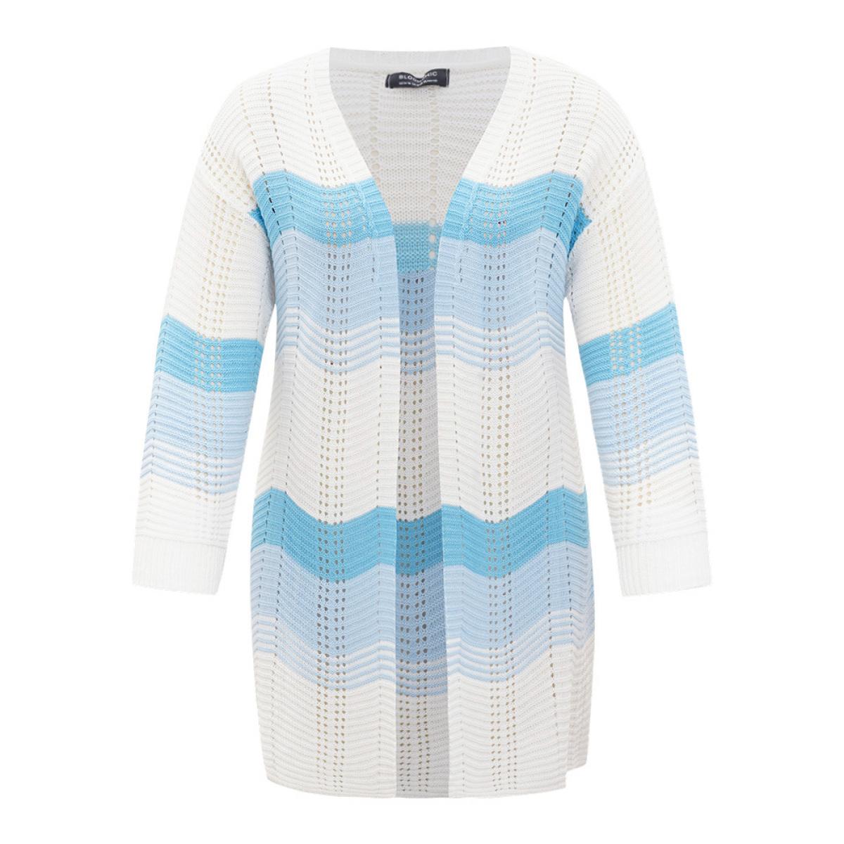 Plus Size Ombre Geo Eyelet Tunic Open Front Elastic Cuffs Cardigan Blue Women Casual Loose Long Sleeve Dailywear Cardigans BloomChic 14-16/1X Product Image