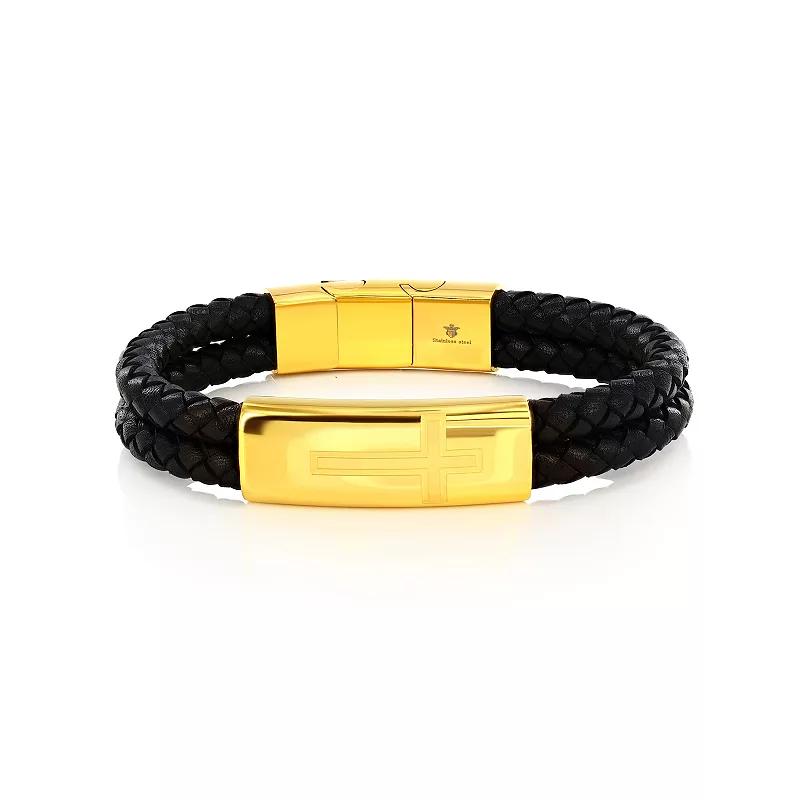 Men's Metallo Stainless Steel Cross Bar Leather Bracelet, Size: 8.5", Gold Tone Black Product Image