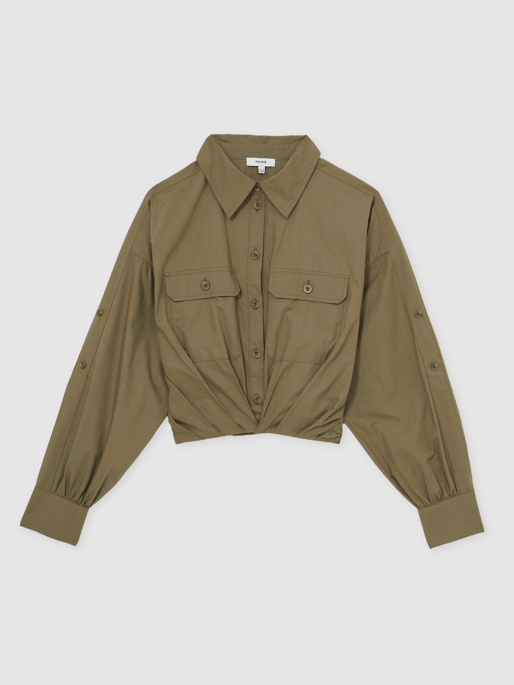 Pleat-Hem Cropped Shirt in Khaki Product Image