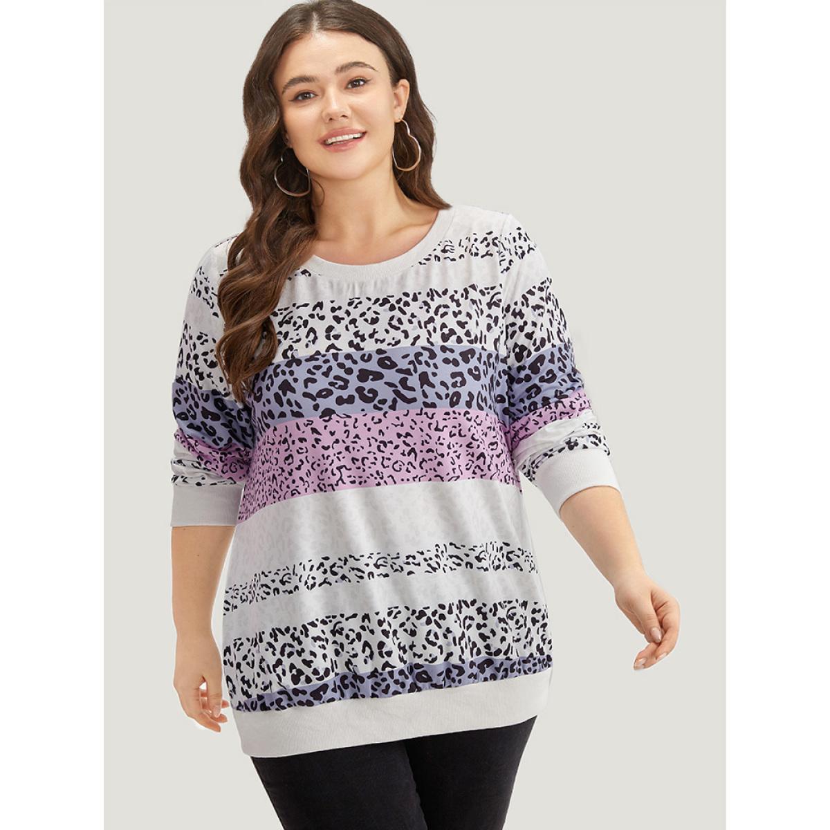 Plus Size Colour Leopard Print Crew Neck Sweatshirt Women Multicolor Casual Printed Round Neck Dailywear Sweatshirts BloomChic 26/4X Product Image