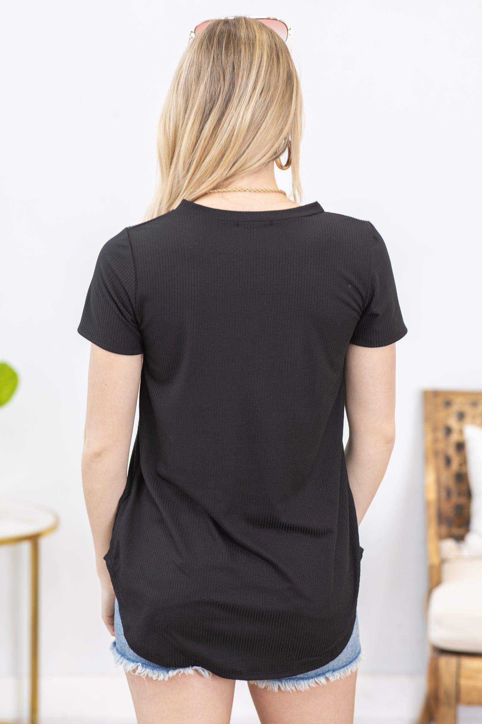 Black V-Neck Rib Knit Top Product Image