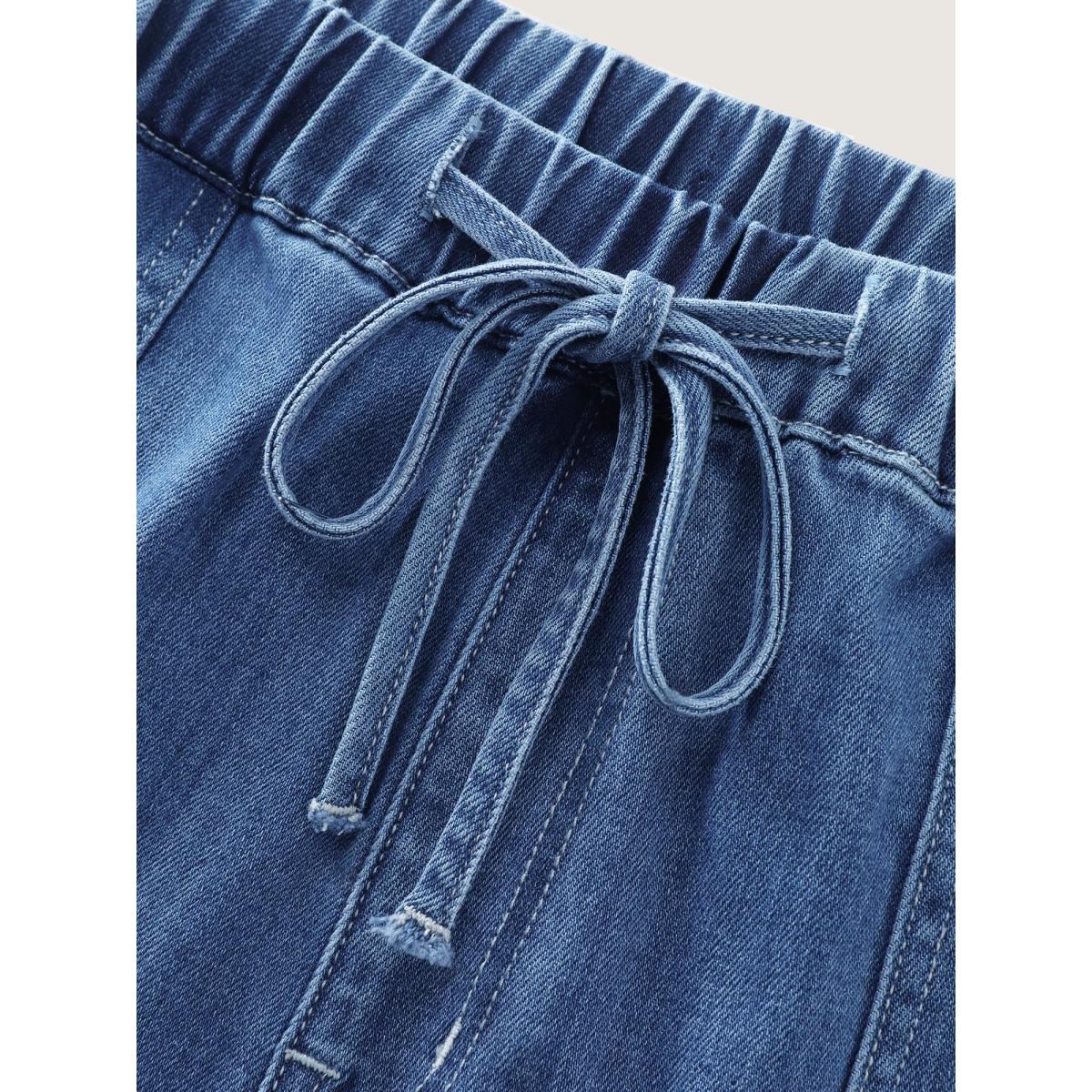 Plus Size Supersoft Stretchy Back Waistband Wide-Leg Jeans Women Midblue Leisure Low stretch Slanted pocket Jeans BloomChic 12/L Product Image