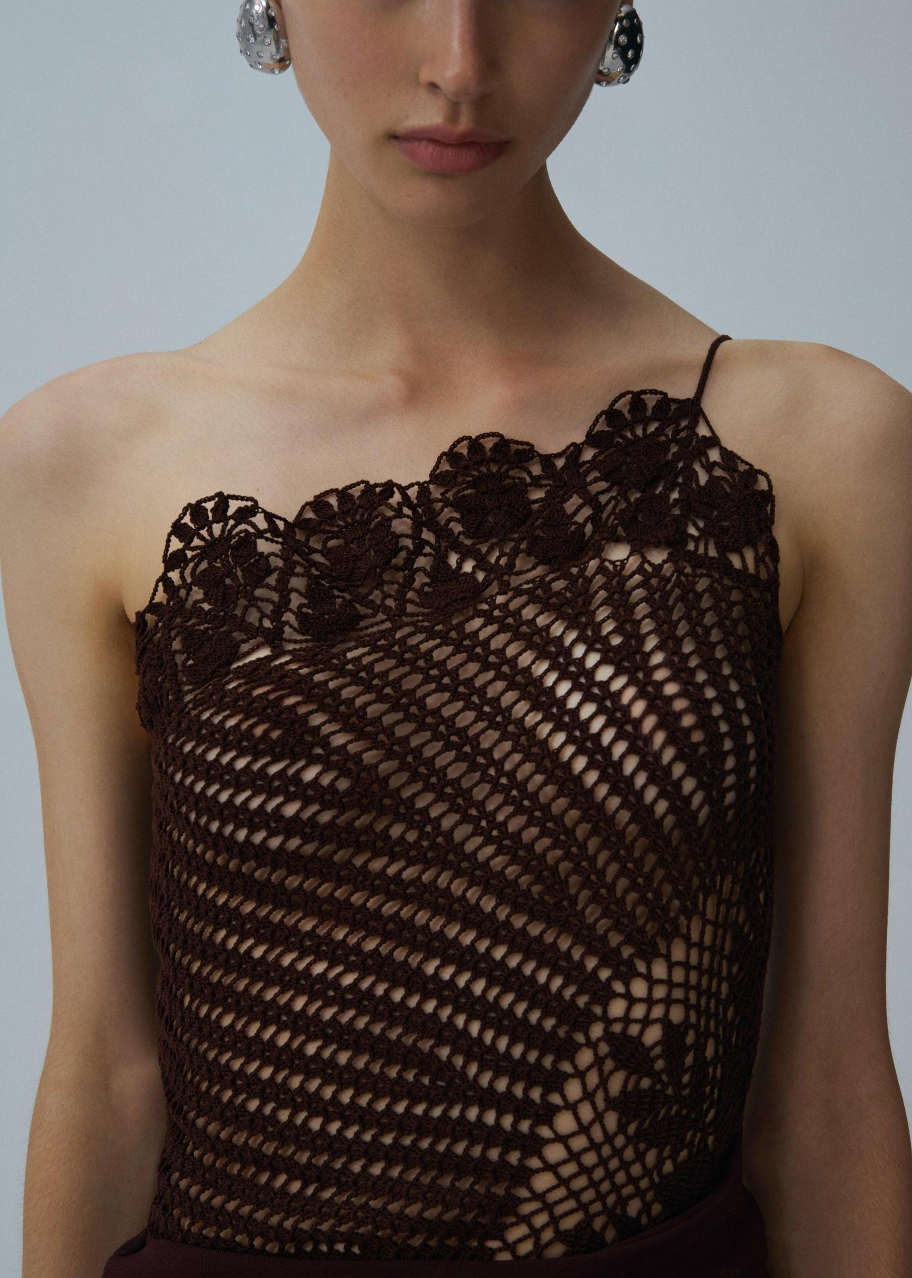 Lace crochet one shoulder top in brown Product Image