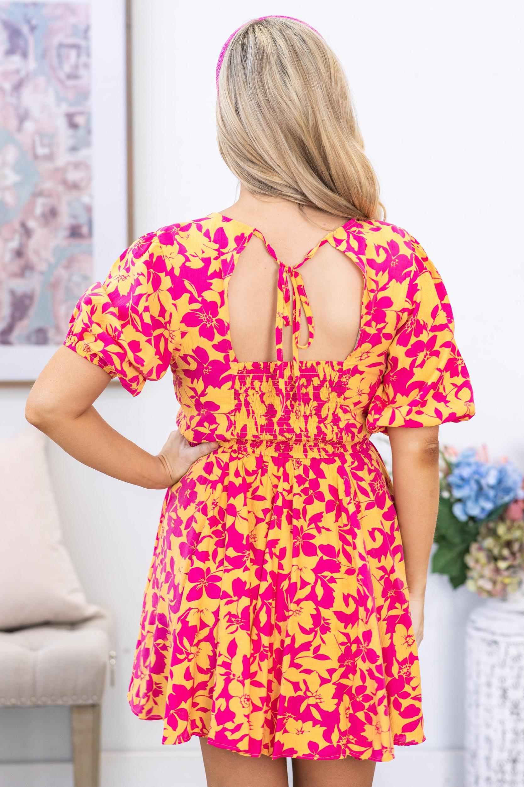 Orange and Fuchsia Blossom Print Woven Dress Product Image