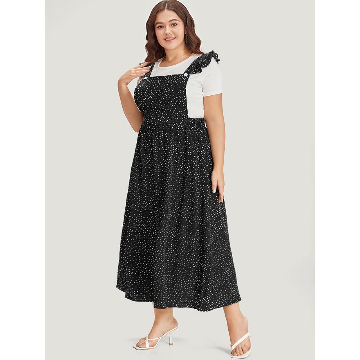 Plus Size Polka Dot Pocket Flutter Trim Overall Dress Black Women Casual Elastic Waist Spaghetti Strap Sleeveless Curvy Midi Dress BloomChic 28/5X Product Image