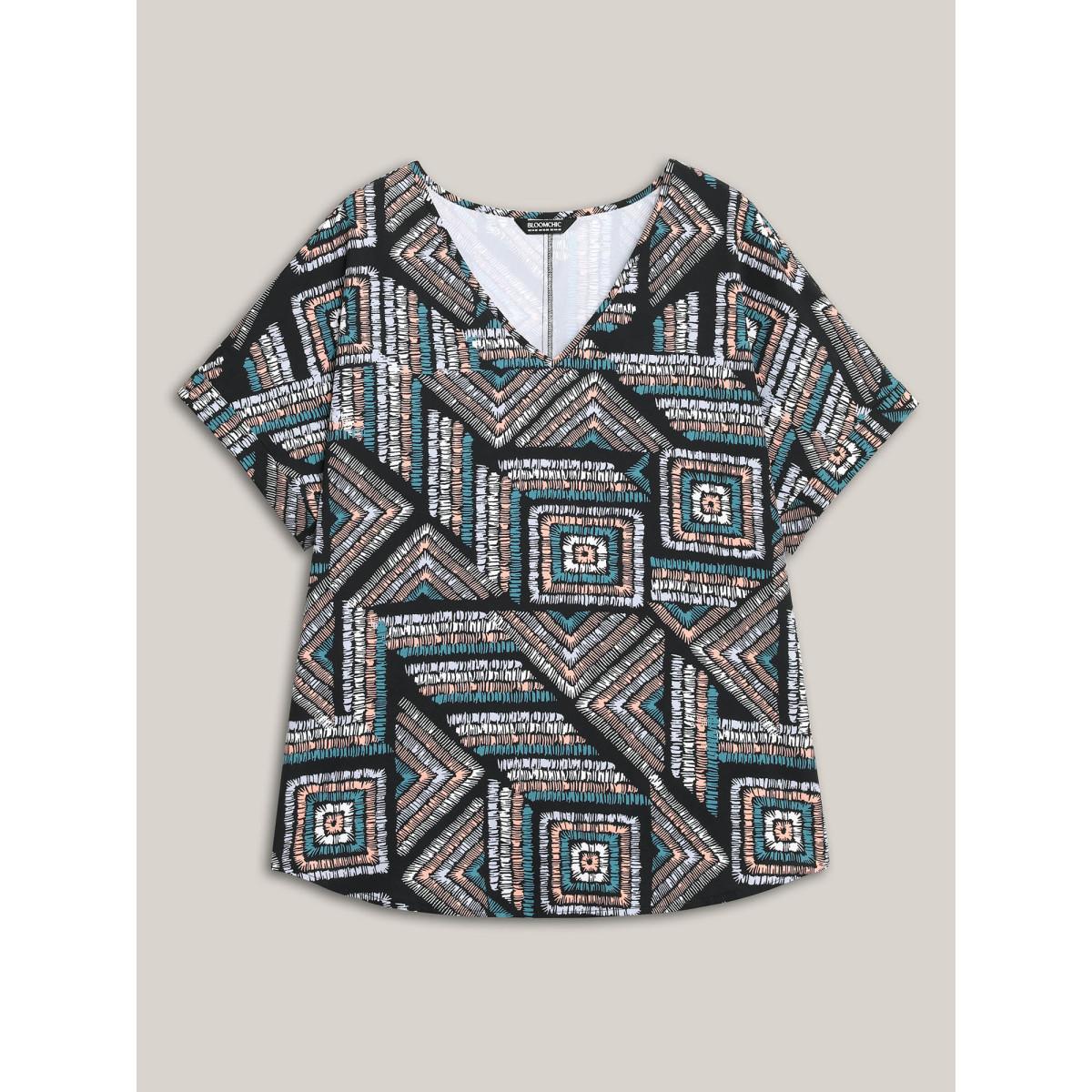 Plus Size Multicolor Geometric Print V-Neck Relaxed Fit Blouse Women At the Office Short sleeve V-neck Work Blouses BloomChic 26/4X Product Image
