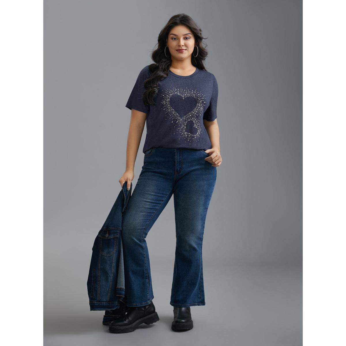 Plus Size Crew Neck Rhinestone Heart T-Shirt DarkBlue Women Casual Rhinestone detailing Round Neck Everyday T-shirts BloomChic 14-16/1X Product Image