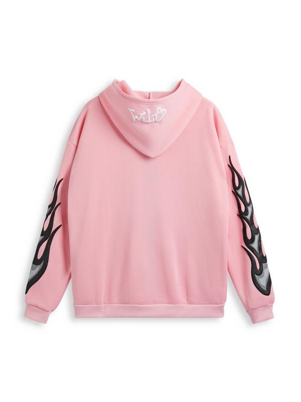Street Letter Flame Print Zip Up Oversized Hoodie Product Image