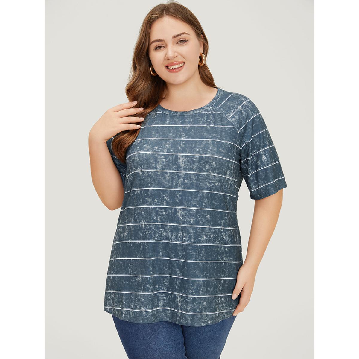 Plus Size Striped Print Raglan Sleeve Vintage T-shirt DimGray Women Casual Contrast Striped Round Neck Dailywear T-shirts BloomChic 22-24/3X Product Image