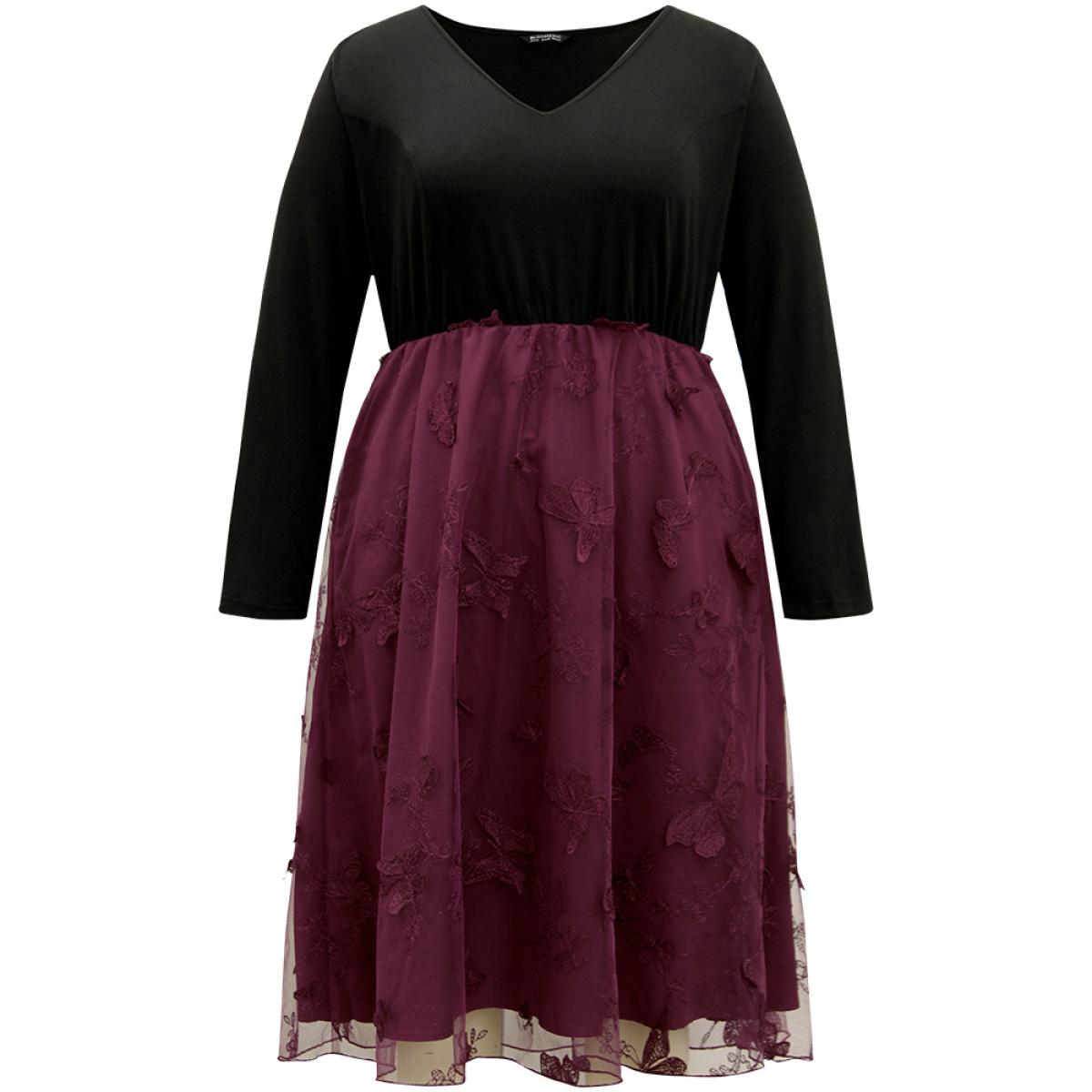Plus Size Butterfly Graphic Patchwork Mesh Dress Burgundy Women Glamour See through V-neck Long Sleeve Curvy Midi Dress BloomChic 26/4X Product Image
