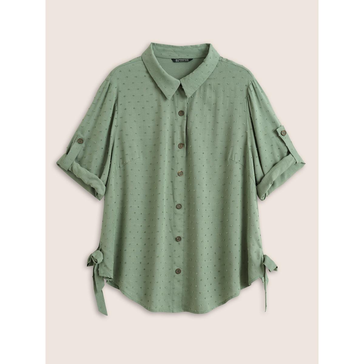 Plus Size Mint Solid Textured Ties Tab Sleeve Blouse Women At the Office Elbow-length sleeve Shirt collar Work Blouses BloomChic 18-20/2X Product Image