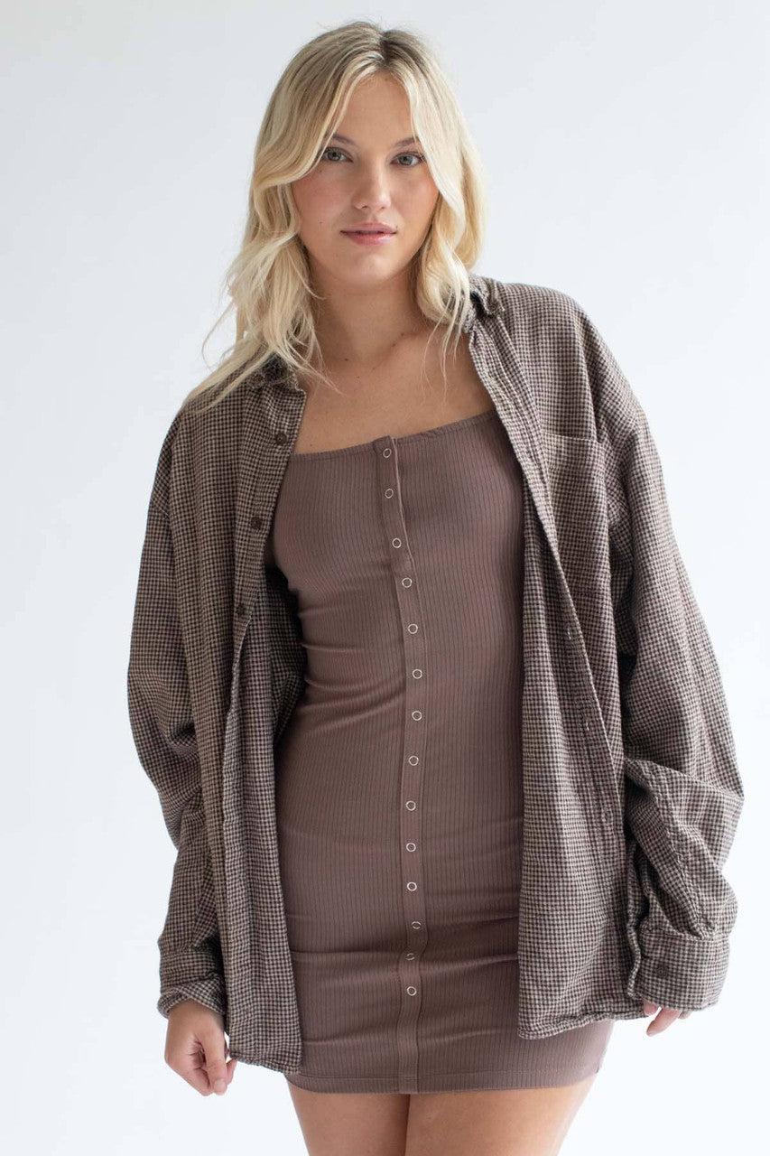 Cocoa Snap Front Ribbed Mini Dress Product Image