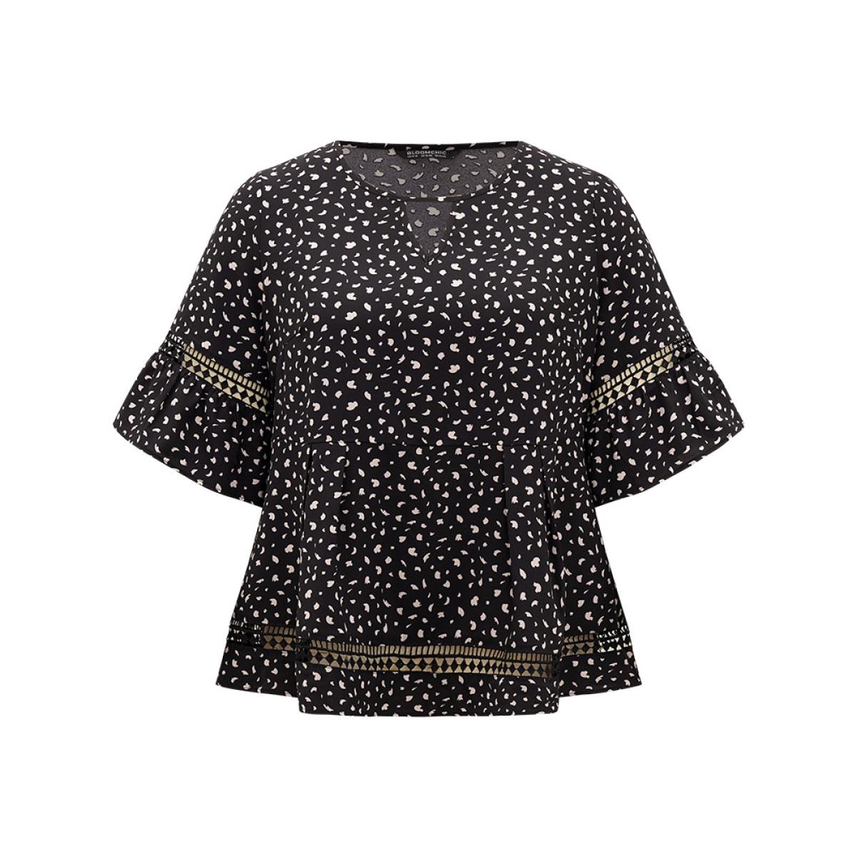 Plus Size Black Leopard Print Flutter Sleeve Keyhole Hollow Out Blouse Women Elegant Half Sleeve Keyhole Cut-Out Dailywear Blouses BloomChic 26/4X Product Image
