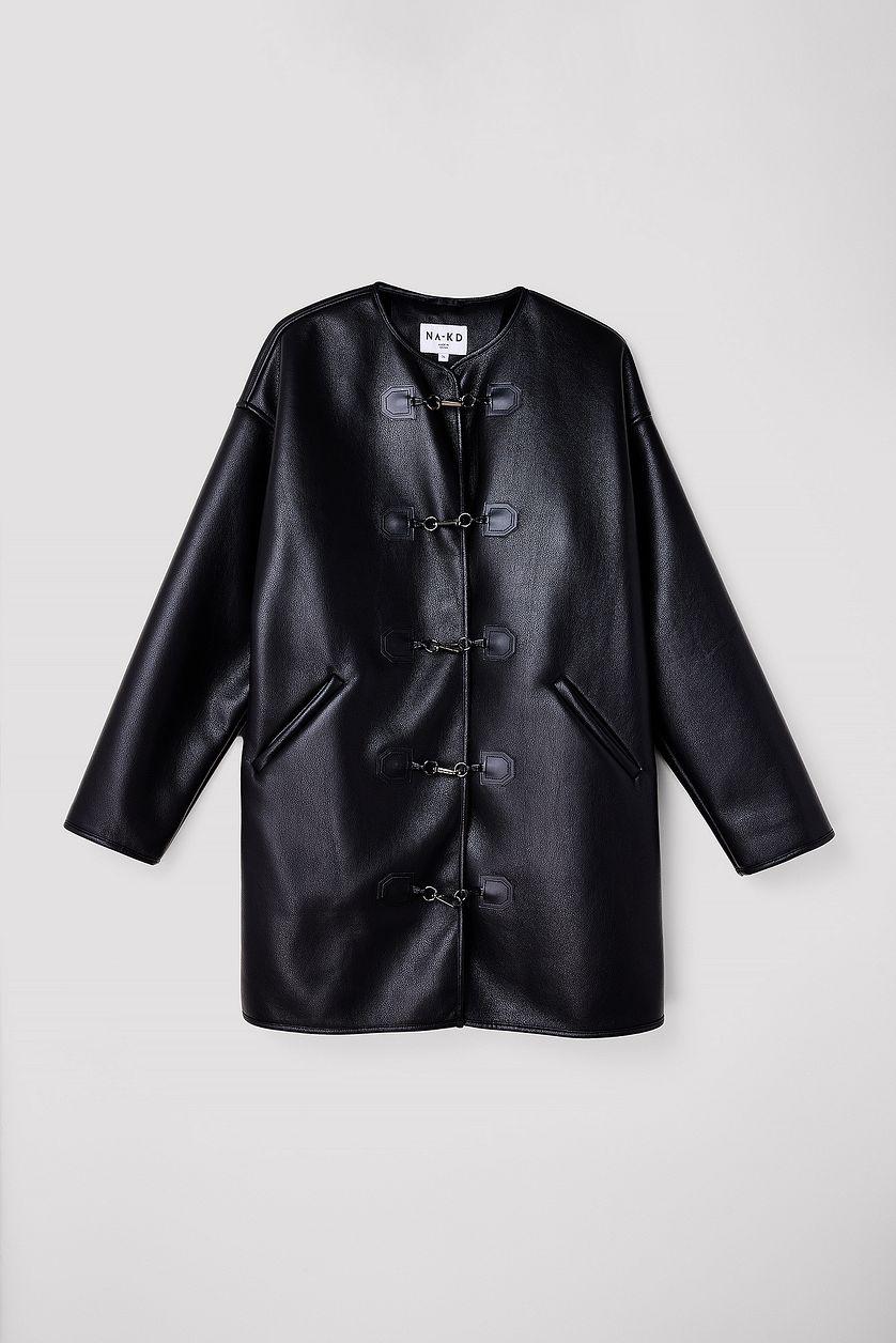 Faux Fur Button Detail PU Coat Product Image