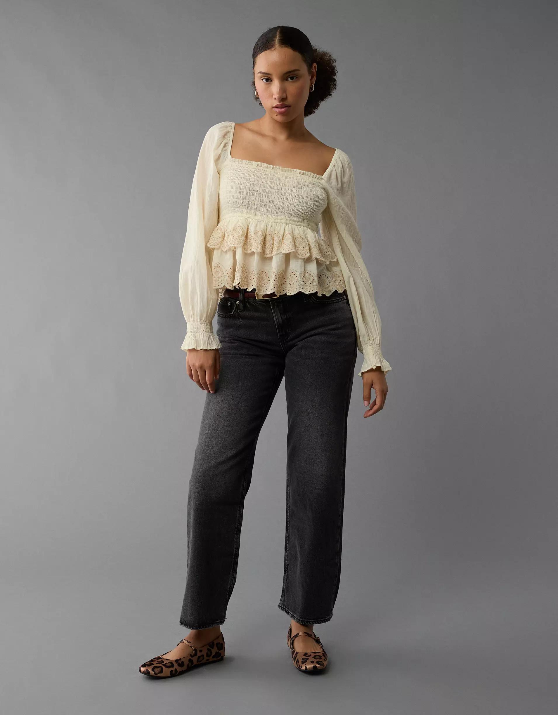 AE Long-Sleeve Smocked Tiered Top Product Image