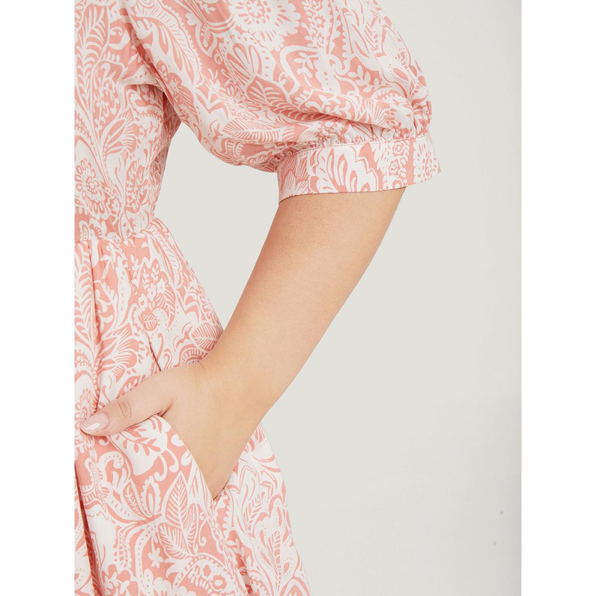 Plus Size Floral Puff Sleeve Pocket Flutter Keyhole Knot Neck Dress Coral Women Vacation Ruffles Tie Neck Short sleeve Curvy Knee Dress BloomChic 14-16/1X Product Image