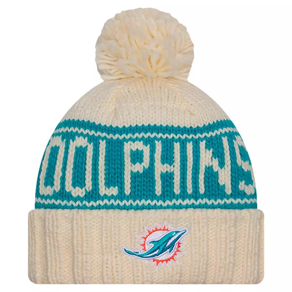 Women's New Era Cream Miami Dolphins 2024 Sideline Cuffed Knit Hat with Pom, Beige Product Image