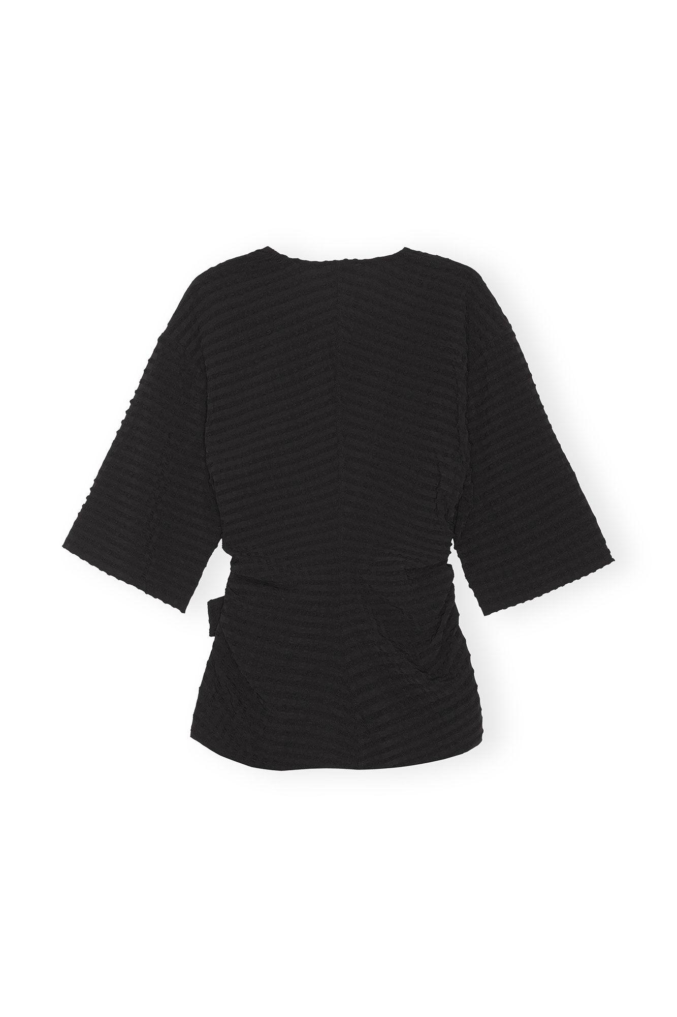 Black Stretch Seersucker Wrap Blouse Product Image