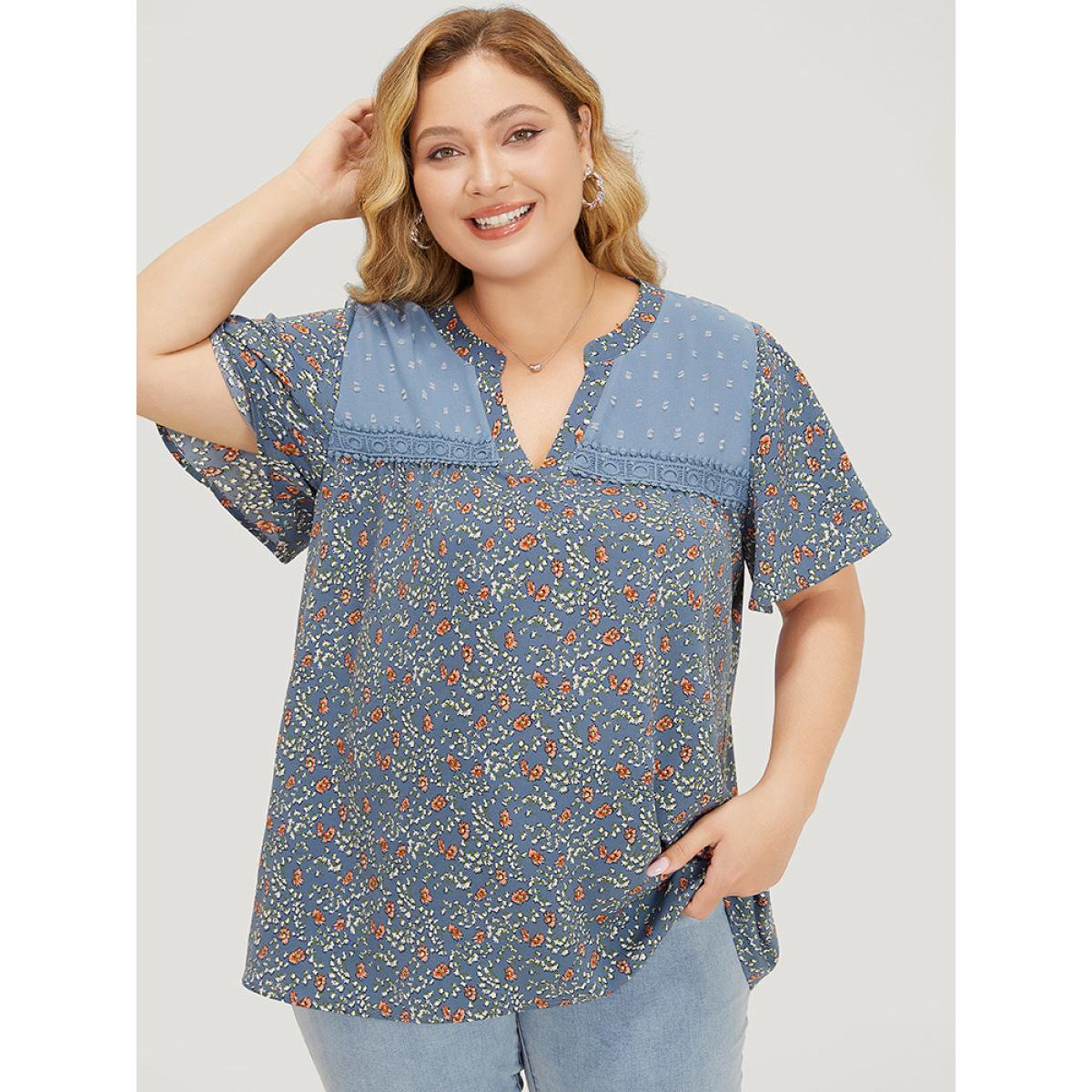 Plus Size Stone Ditsy Floral & Polka Dot Lace Notched Neck Blouse Women Elegant Short sleeve Notched collar Dailywear Blouses BloomChic 10/M Product Image