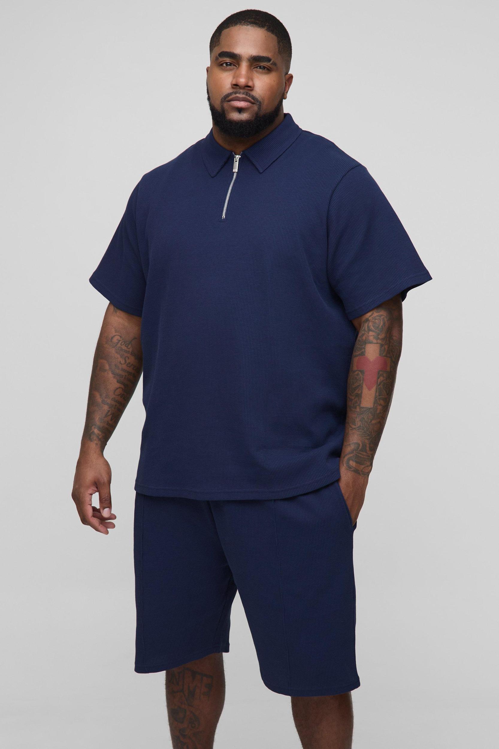 Plus Regular Fit Waffle Polo & Short Set | boohooMAN USA Product Image