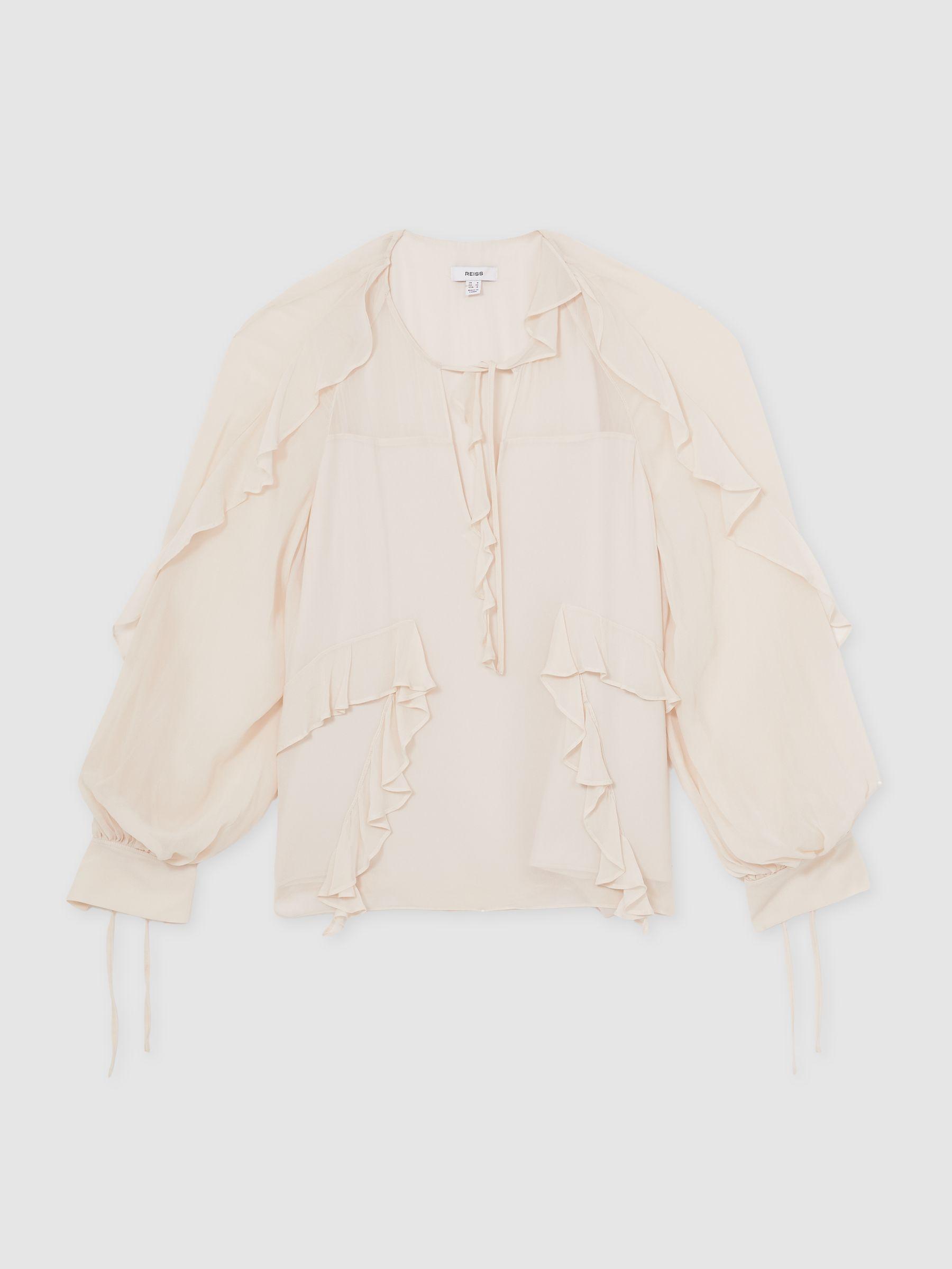 Ruffle Trim Tie Neck Top in Pale Pink Product Image