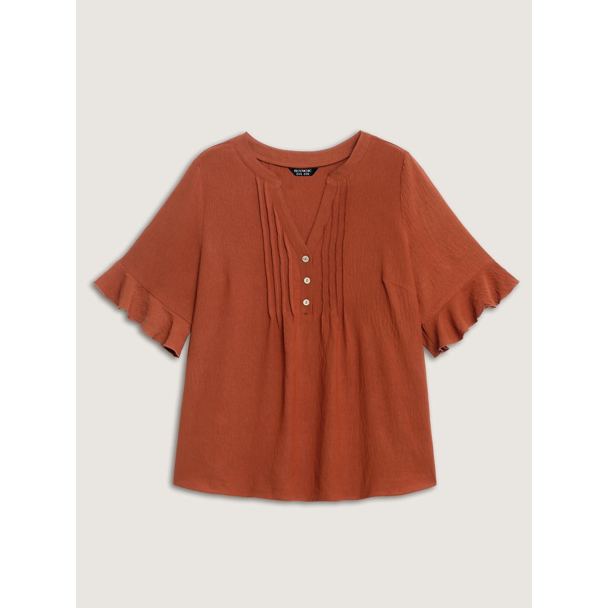 Plus Size Rust Toothpick Pleats Ruffled Sleeve Solid Blouse Women Timeless Half Sleeve Flat collar with V-notch Elegant Blouses BloomChic 18-20/2X Product Image