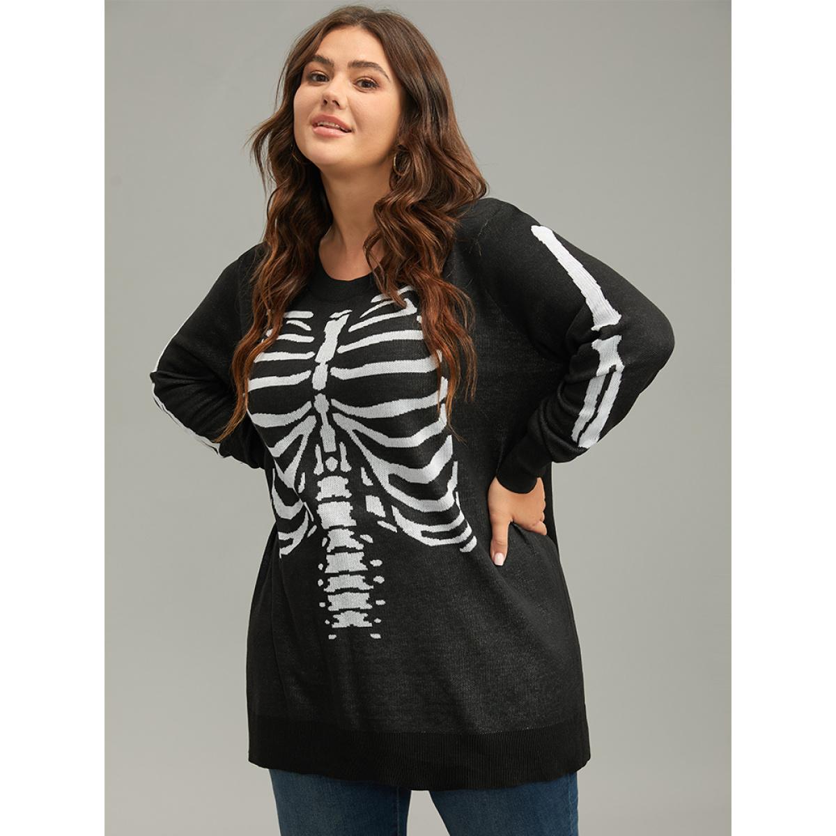 Plus Size Halloween Skull Print Elastic Cuffs Pullover Black Women Casual Loose Long Sleeve V-neck Festival-Halloween Pullovers BloomChic 10/M Product Image