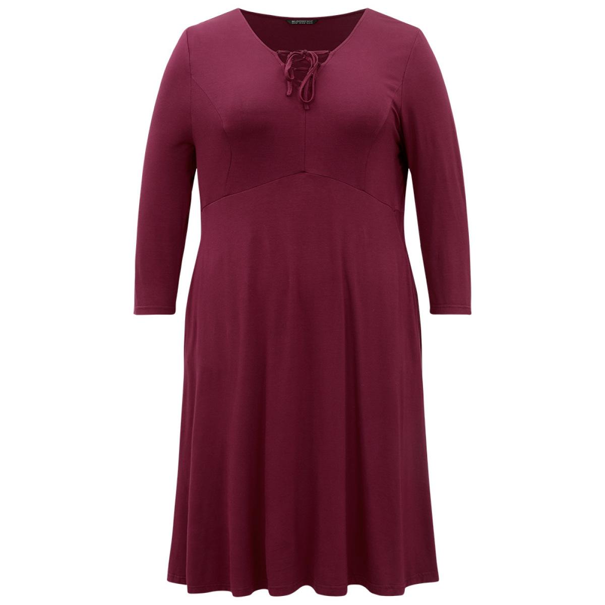 Plus Size Supersoft Essentials Solid Lace Up Ruffle Hem Dress Burgundy Women Casual Plain Tie Neck Elbow-length sleeve Curvy Midi Dress BloomChic 30/6X Product Image