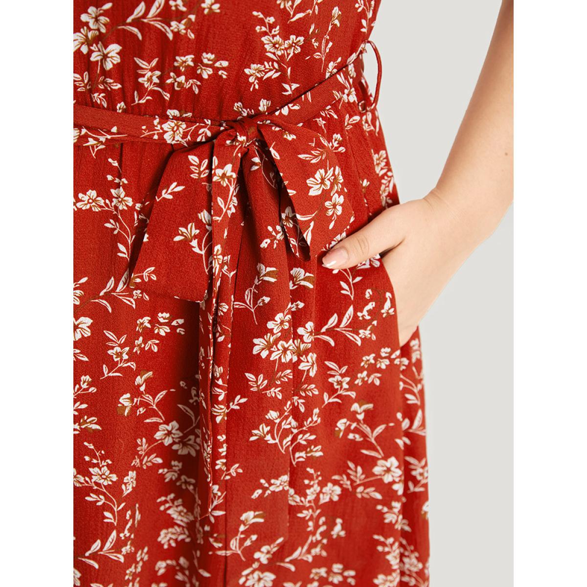 Plus Size Ditsy Floral Button Detail Belted Split Hem Cami Dress Red Women Elegant Belted Spaghetti Strap Sleeveless Curvy Midi Dress BloomChic 26/4X Product Image