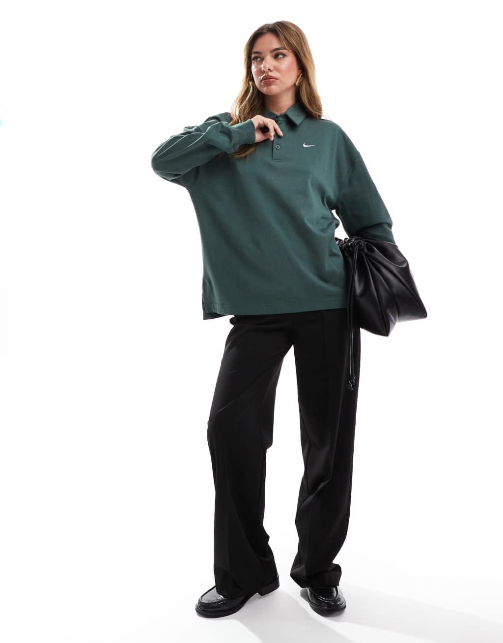 Nike Essential oversized long sleeve polo in dark green Product Image
