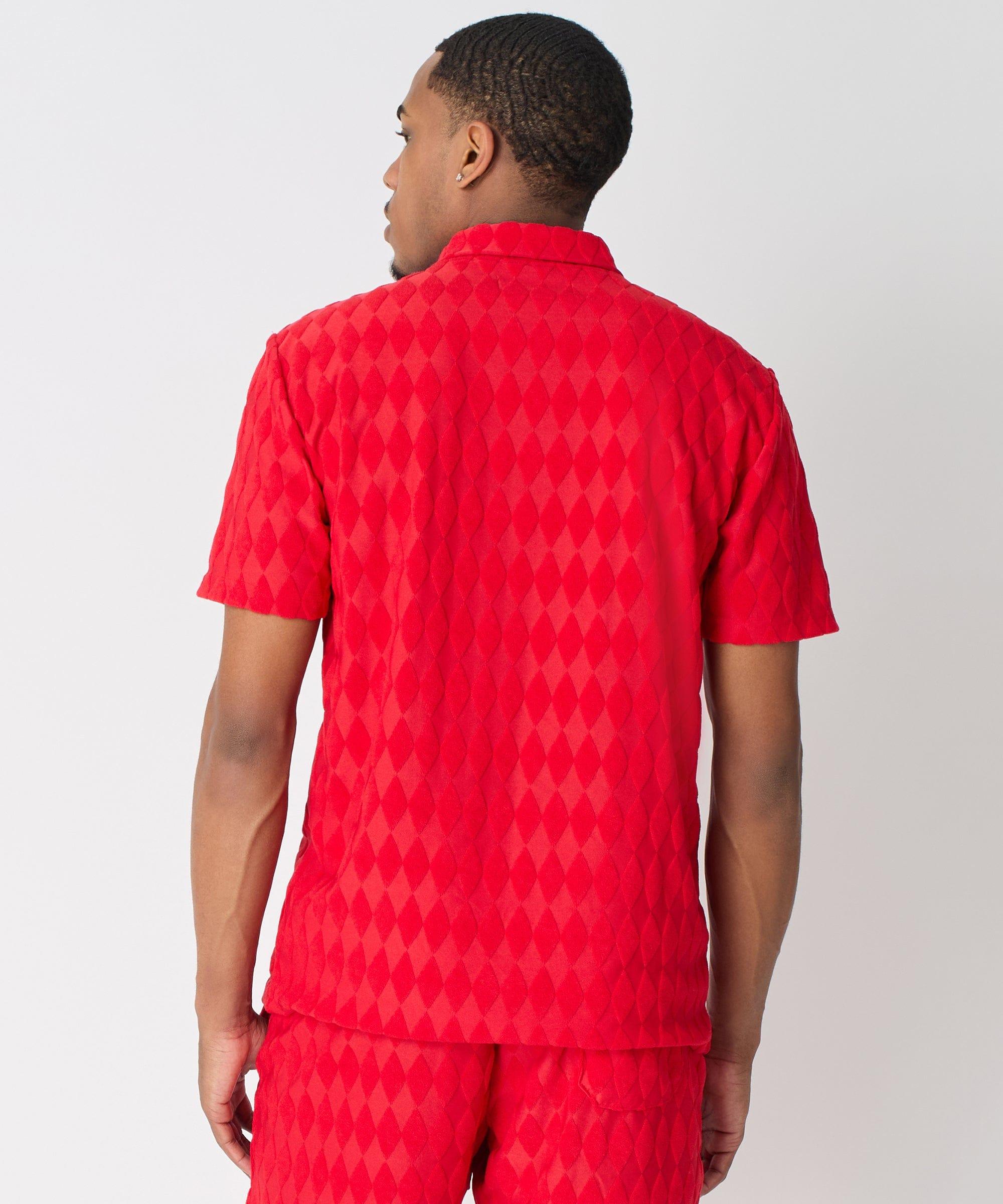Diamond Plate Towel Color Blocked Short Sleeve Button Down Shirt - Red Product Image
