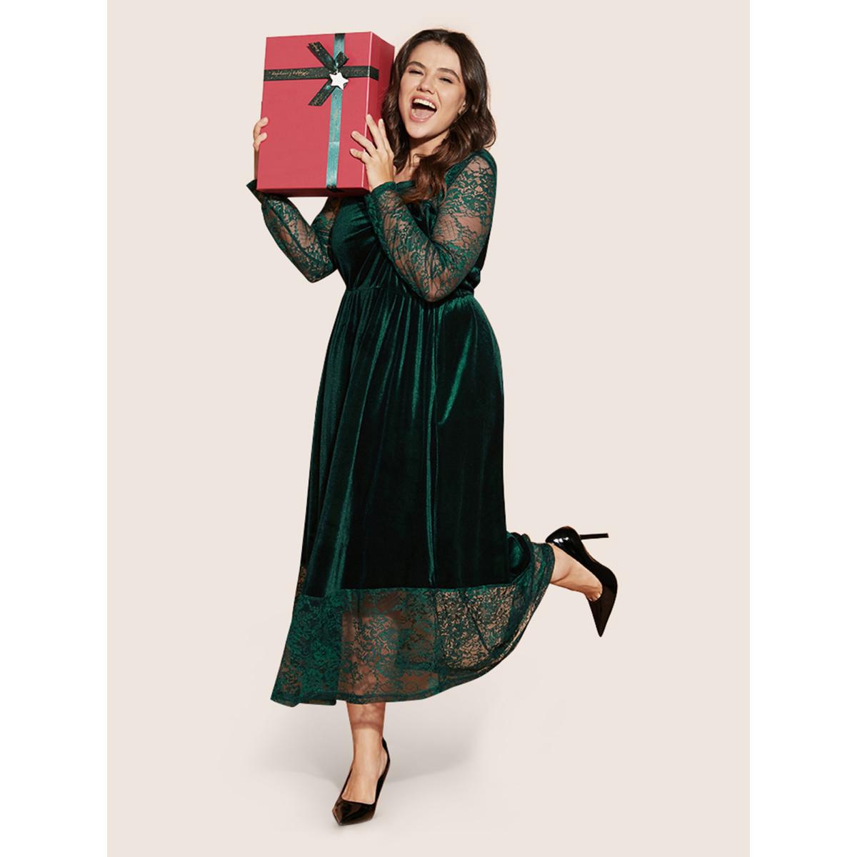 Plus Size Solid Contrast Lace Pocket Round Neck Velvet Dress DarkGreen Women Glamour Lace Round Neck Long Sleeve Curvy Midi Dress BloomChic 18-20/2X Product Image