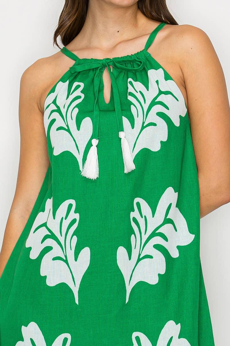 Green Leaves Placement Print Mini Halter Dress Product Image