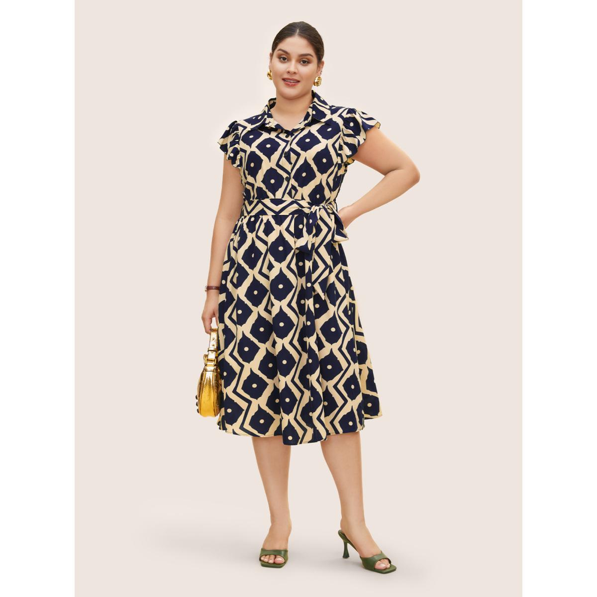Plus Size Shirt Collar Geometric Ruffle Cap Sleeve Dress DarkBlue Women At the Office Belted Shirt collar Cap Sleeve Curvy BloomChic 28/5X Product Image