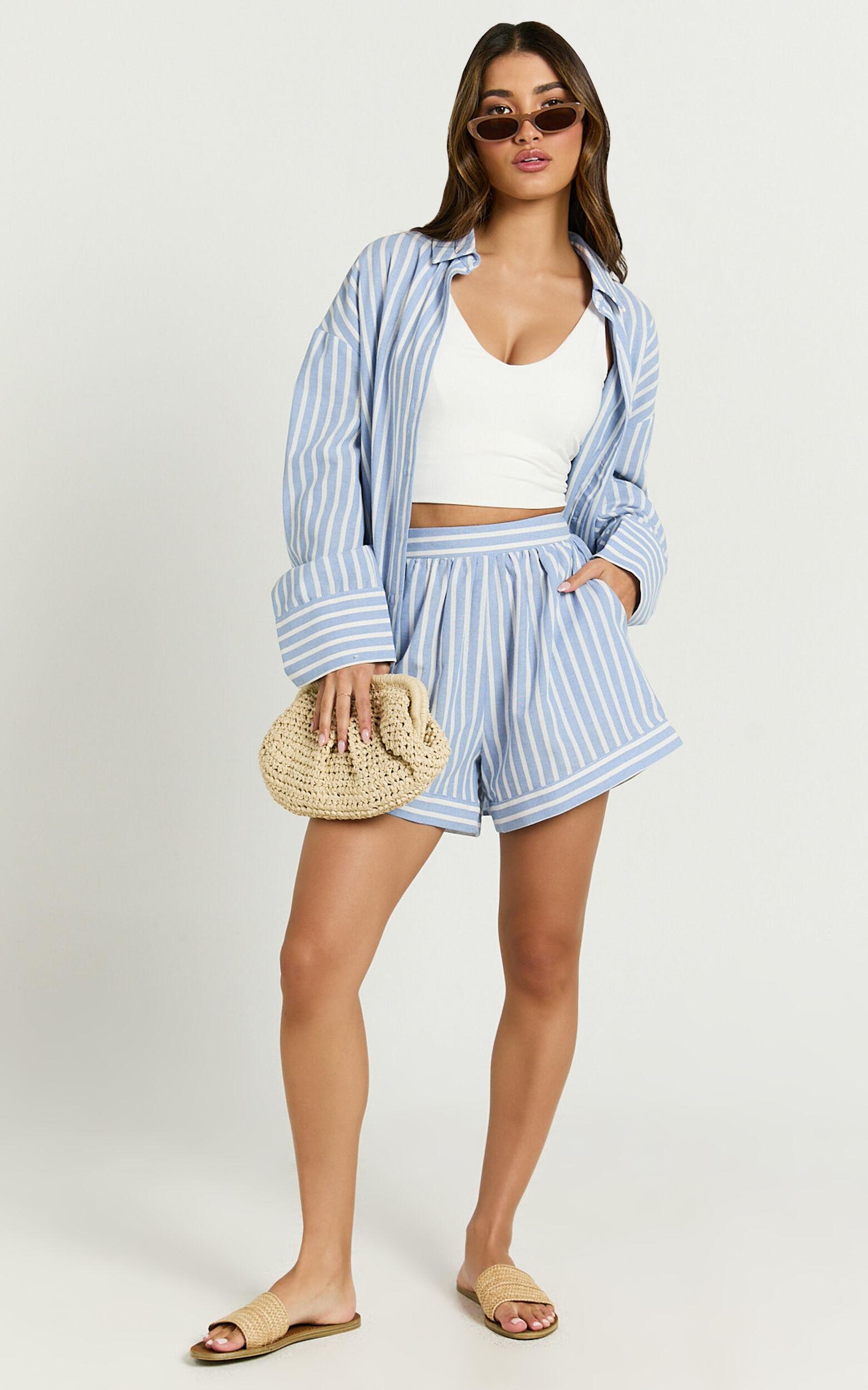 Tori Shorts - High Waist A Line Stripe Shorts in Light Blue Stripe Product Image