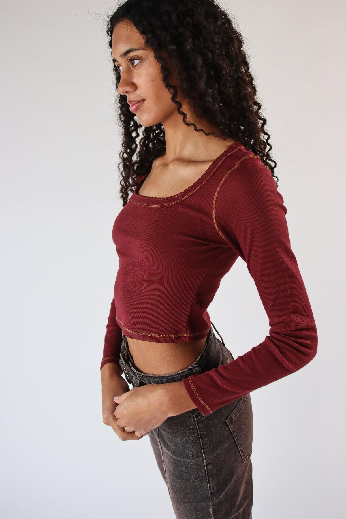 Ribbed Contrast Stitch Long Sleeve Top Product Image