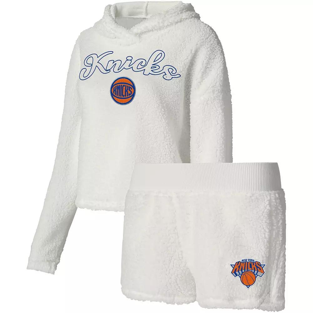 Women's College Concepts Cream New York Knicks Fluffy Long Sleeve Hoodie T-Shirt & Shorts Sleep Set, Size: XL, White Product Image