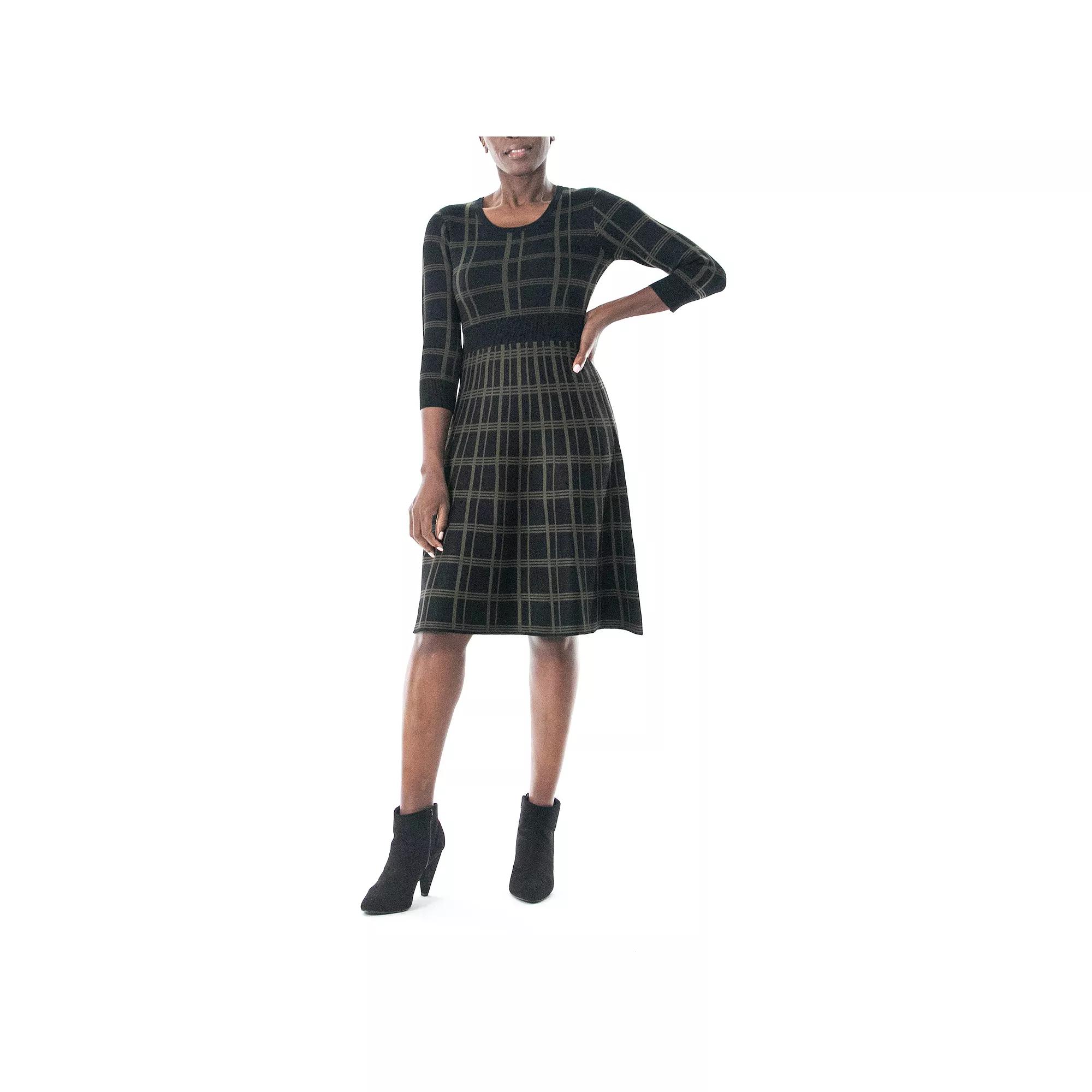 Women's Nina Leonard Plaid Knit Fit & Flair Sweater Dress, Size: Large, Black Olive Product Image