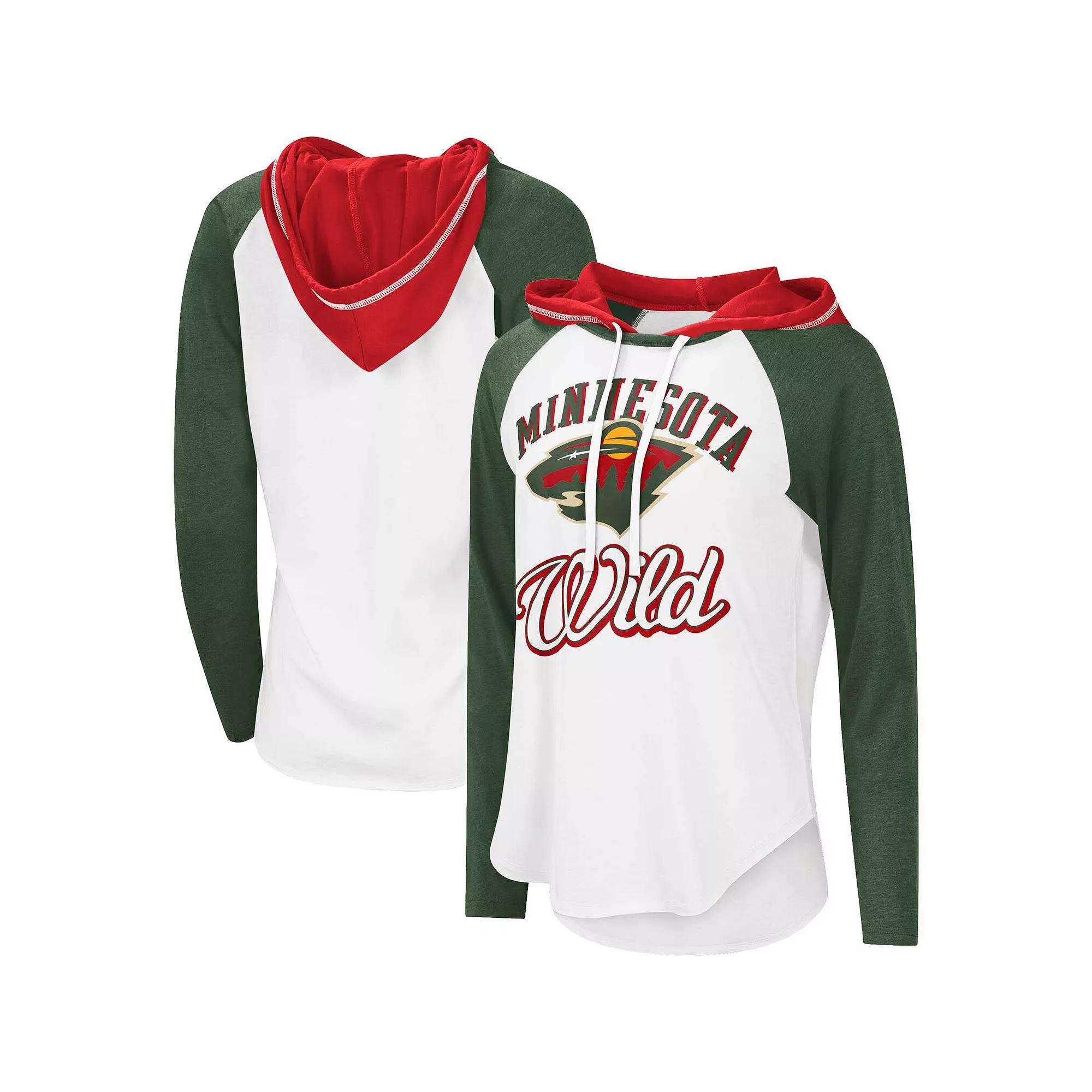 Women's G-III Sports by Carl Banks White/Heather Green Minnesota Wild MVP Raglan Lightweight Hooded T-Shirt, Size: Small Product Image