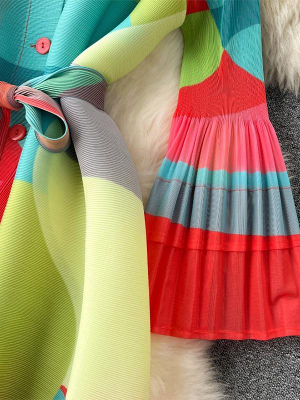 Flared Sleeves Loose Belted Contrast Color Pleated Midi Dresses Product Image