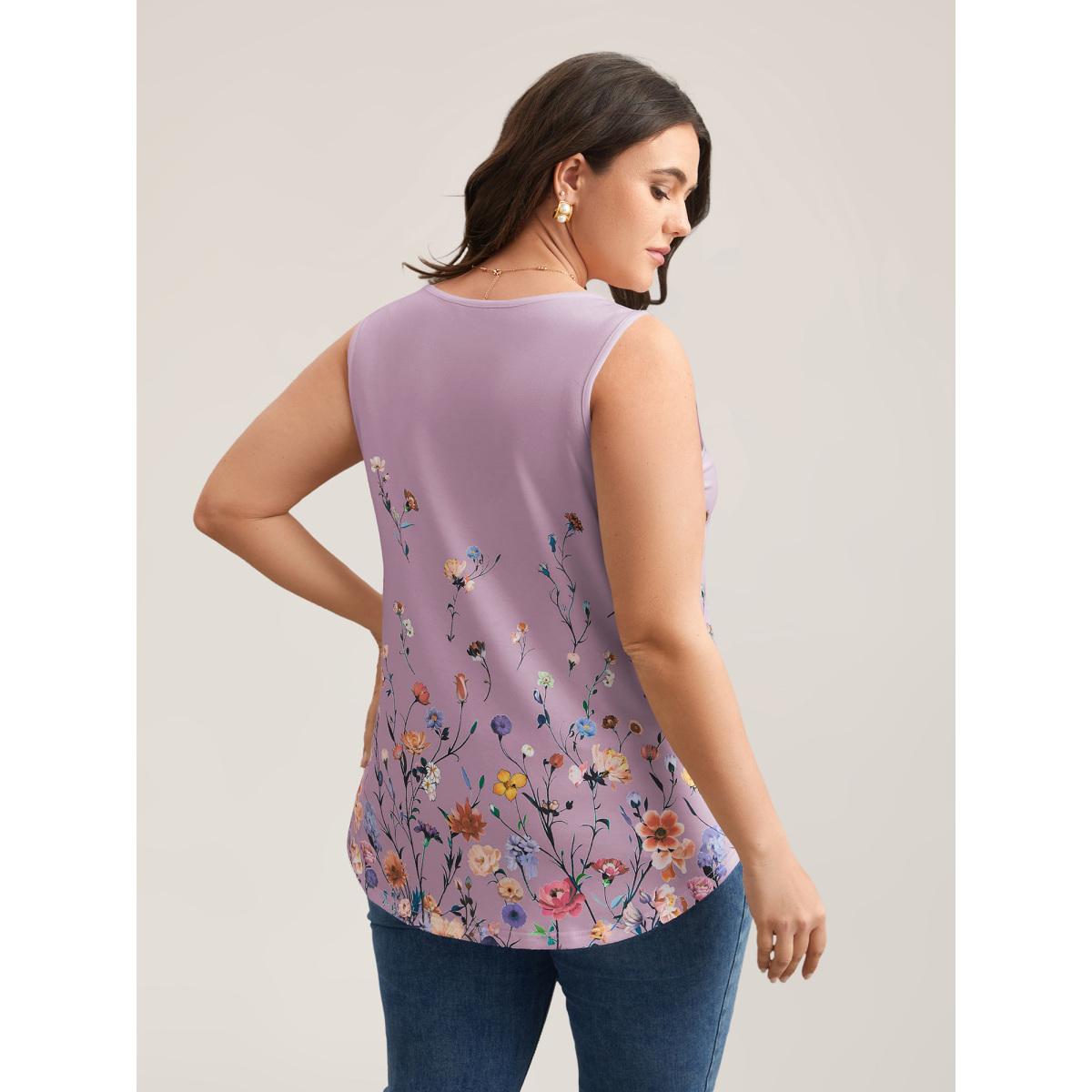 Plus Size Blooming Flowers Print Stretchy Vest Women Lilac Timeless Non V-neck Elegant Tank Tops Camis BloomChic 30/6X Product Image