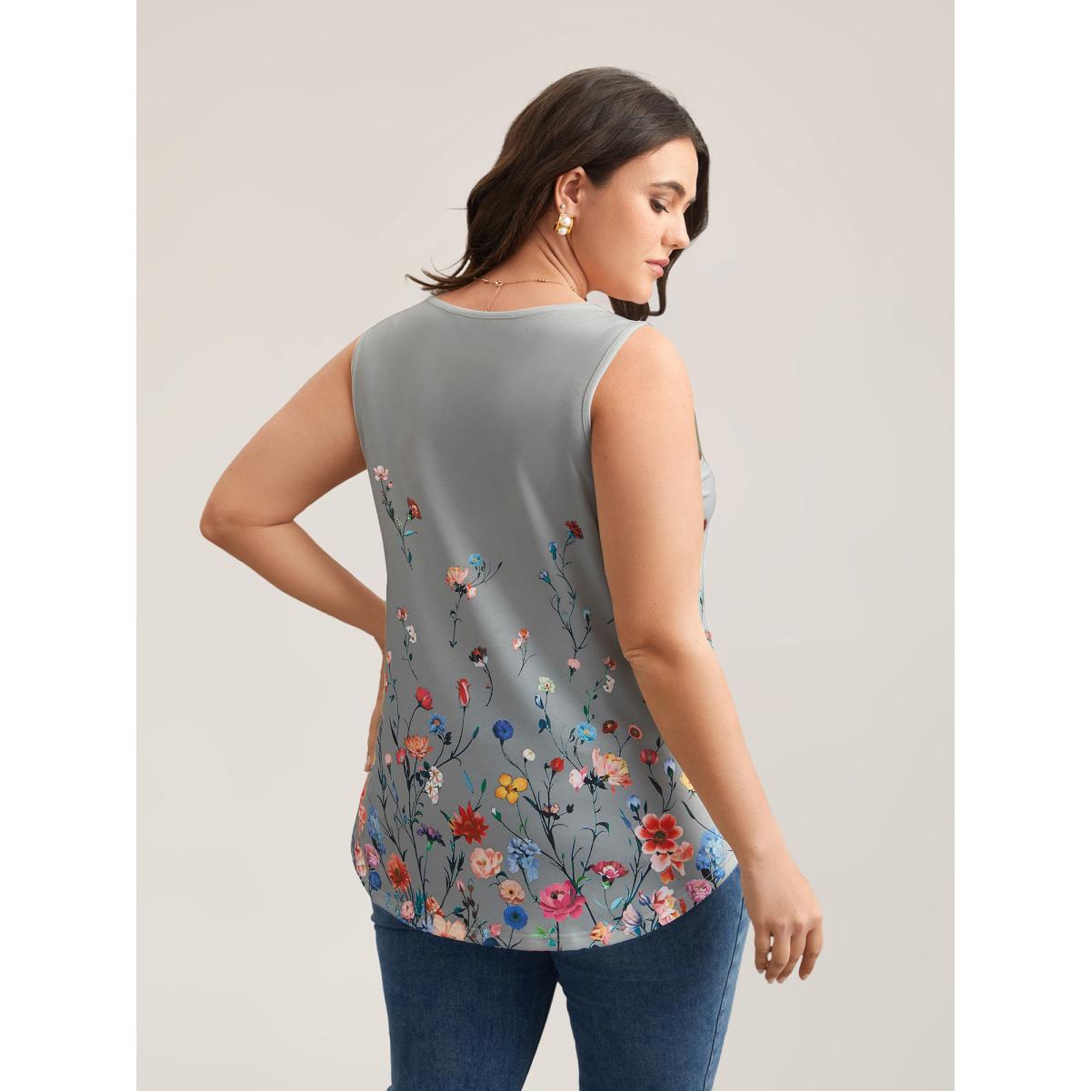 Plus Size Blooming Flowers Print Stretchy Vest Women DarkGray Timeless Non V-neck Elegant Tank Tops Camis BloomChic 18-20/2X Product Image