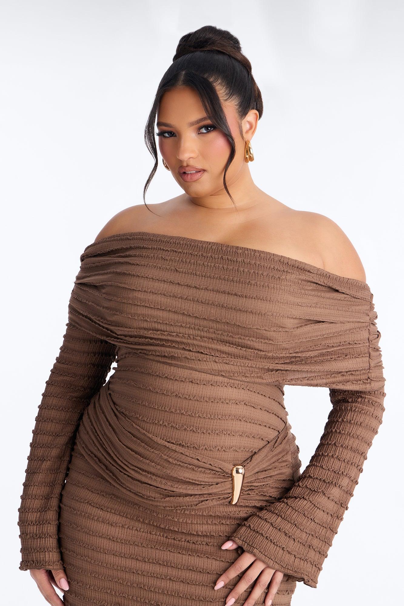 Marcy Off Shoulder Textured Midi Dress - Mocha Female Product Image