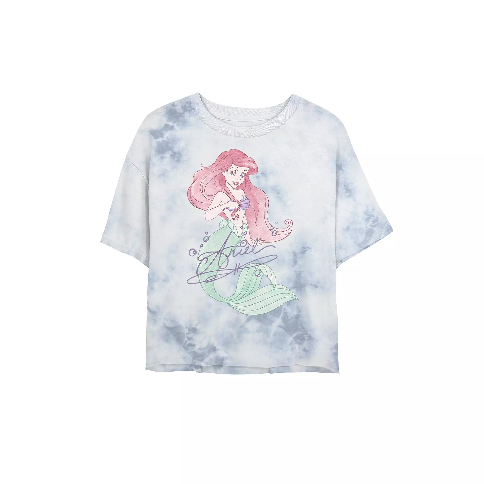 Juniors' Disney Princess The Little Mermaid Ariel Signed Portrait Bombard Wash Crop Graphic Tee, Women's, Size: Large, White Blue Product Image