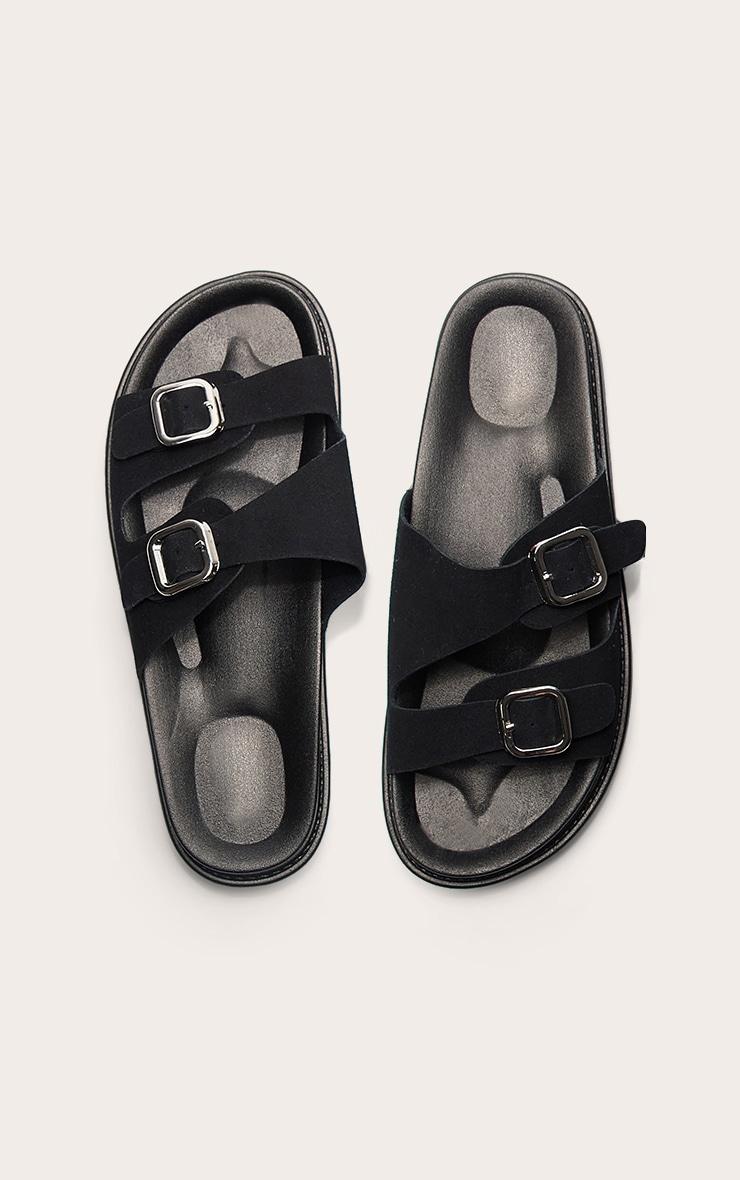 Black Faux Suede Double Buckle Footbed Sandals Product Image