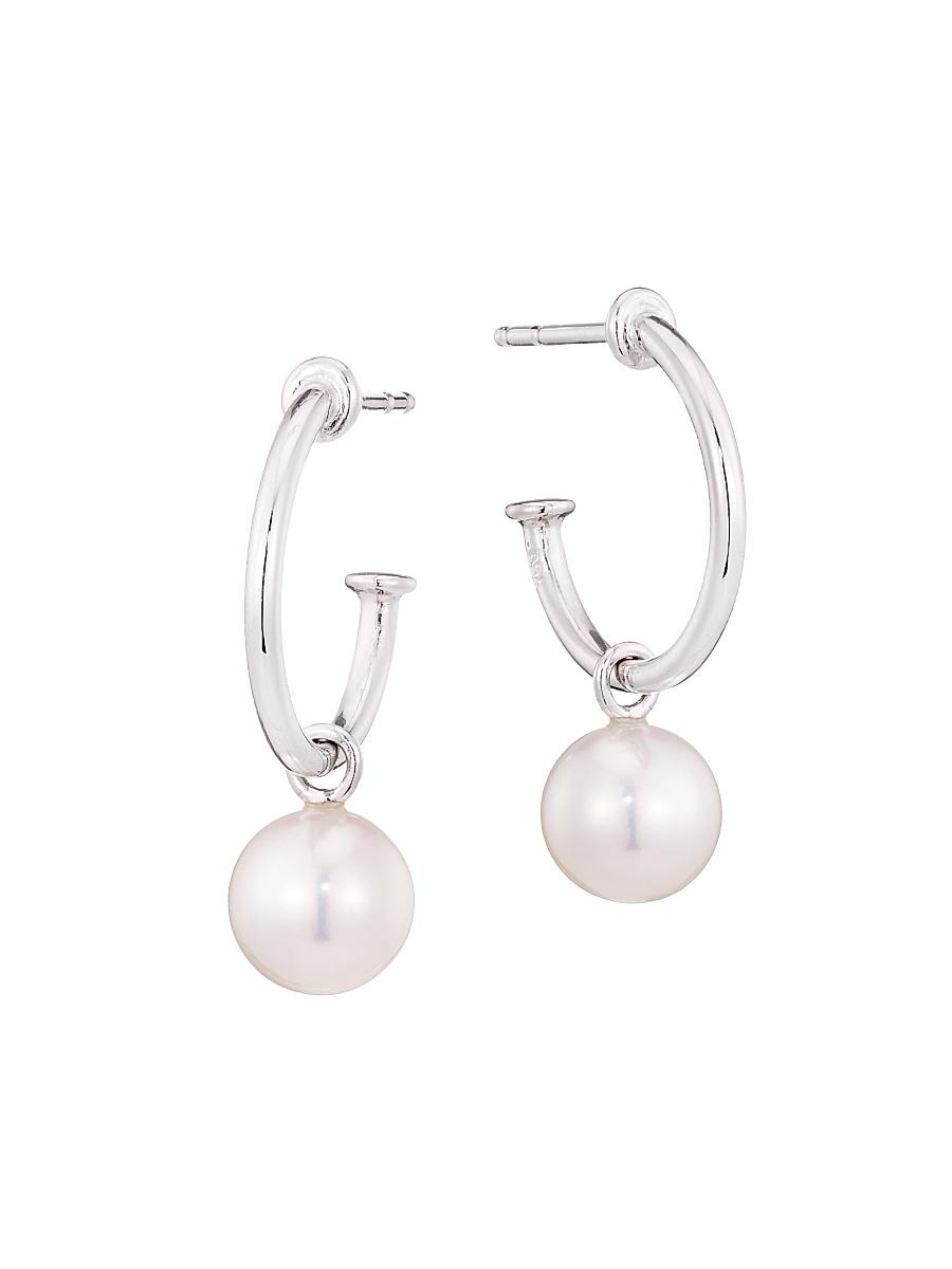 Womens 7MM White Round Akoya Pearl 18K White Gold Hoop Earrings Product Image
