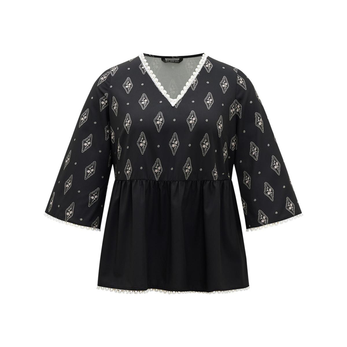Plus Size Black Boho Print Guipure Lace V Neck Bell Sleeve Blouse Women Vacation Elbow-length sleeve V-neck Dailywear Blouses BloomChic 26/4X Product Image